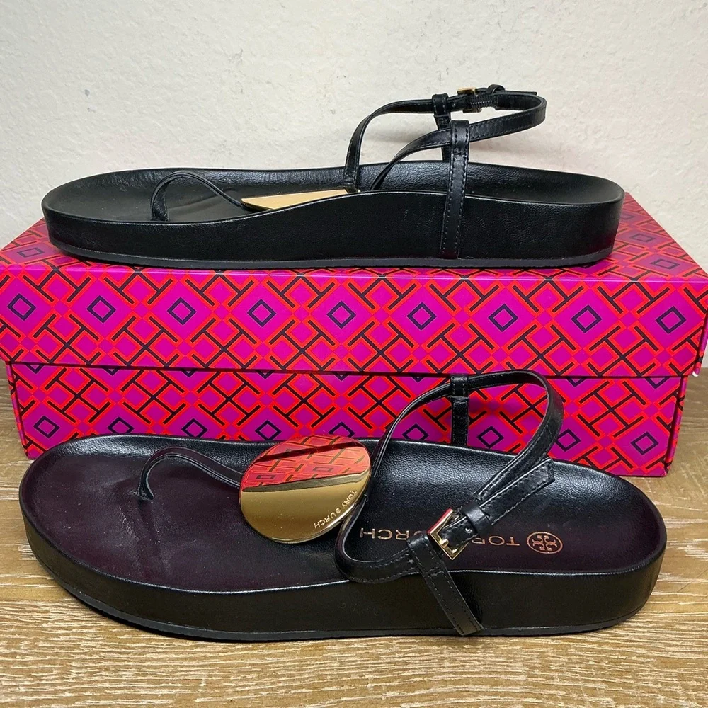 Tory Burch Black Leather Patos Thong Sandal Womens Size 7